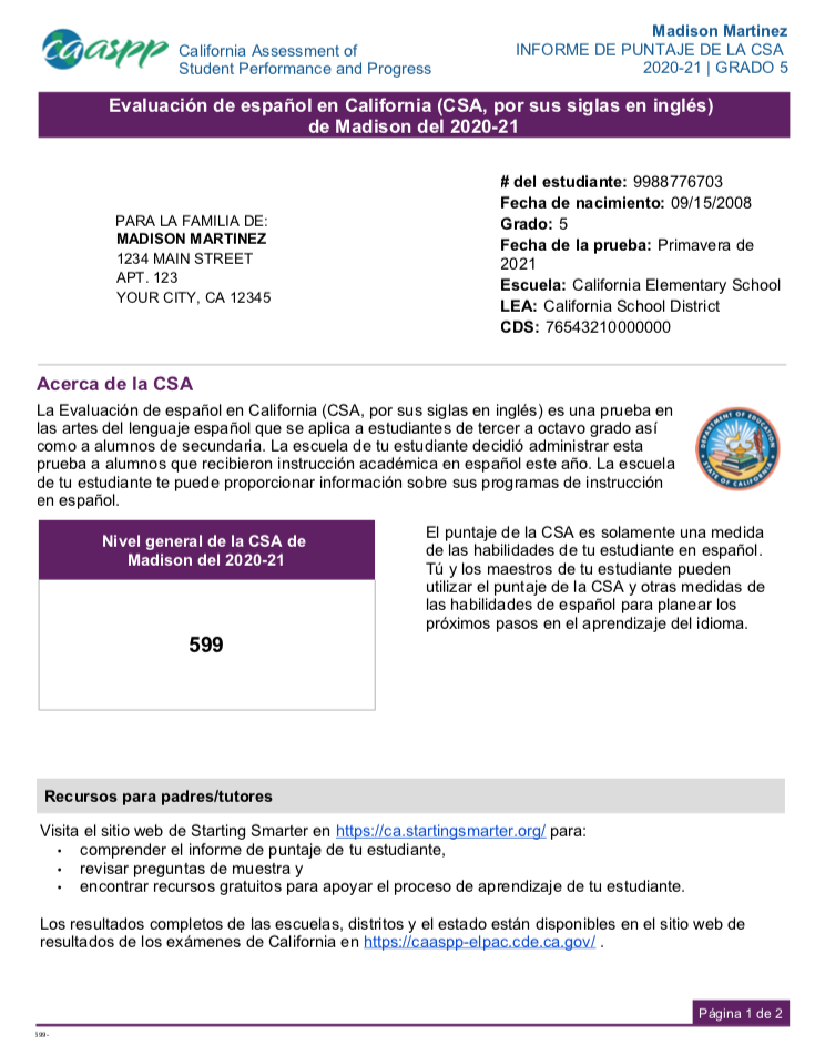 Sample Student Score Report for California Spanish Assessments