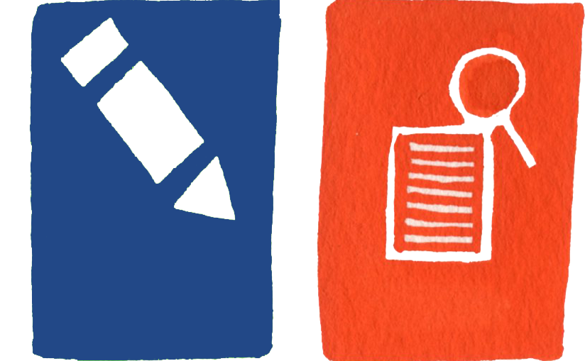 Writing and Research icons - a pencil and a document with a magnifying glass