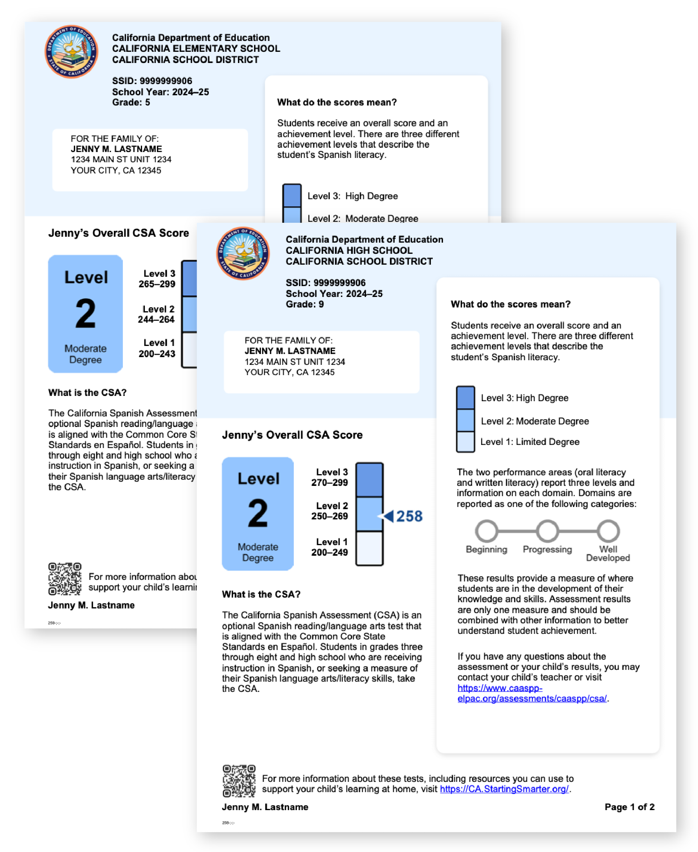 First page of 2024-25 CSA combined sample SSR for Grade 5 and Grade 9