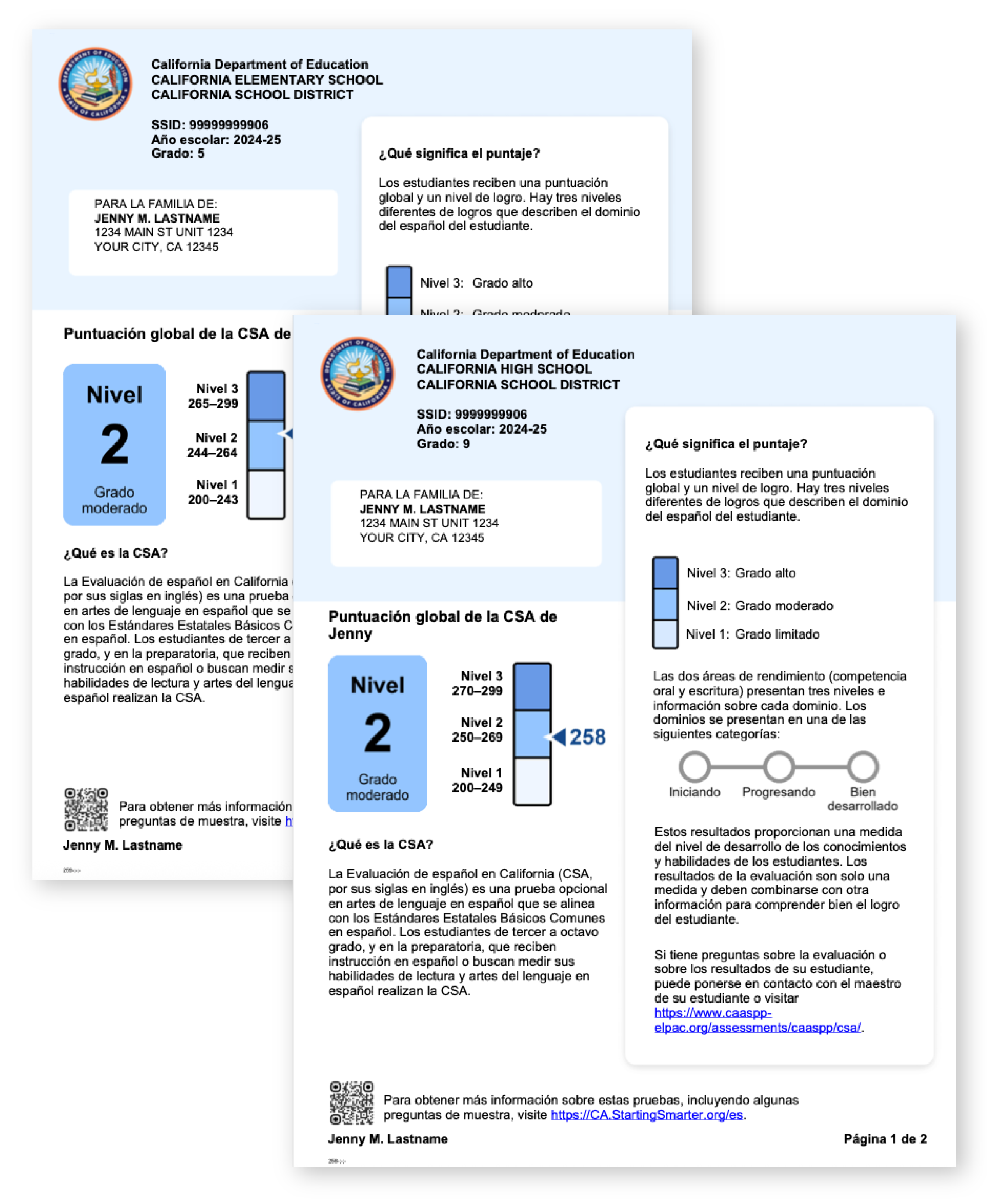 First page of 2024-25 CSA combined sample SSR for Grade 5 and Grade 9, Spanish